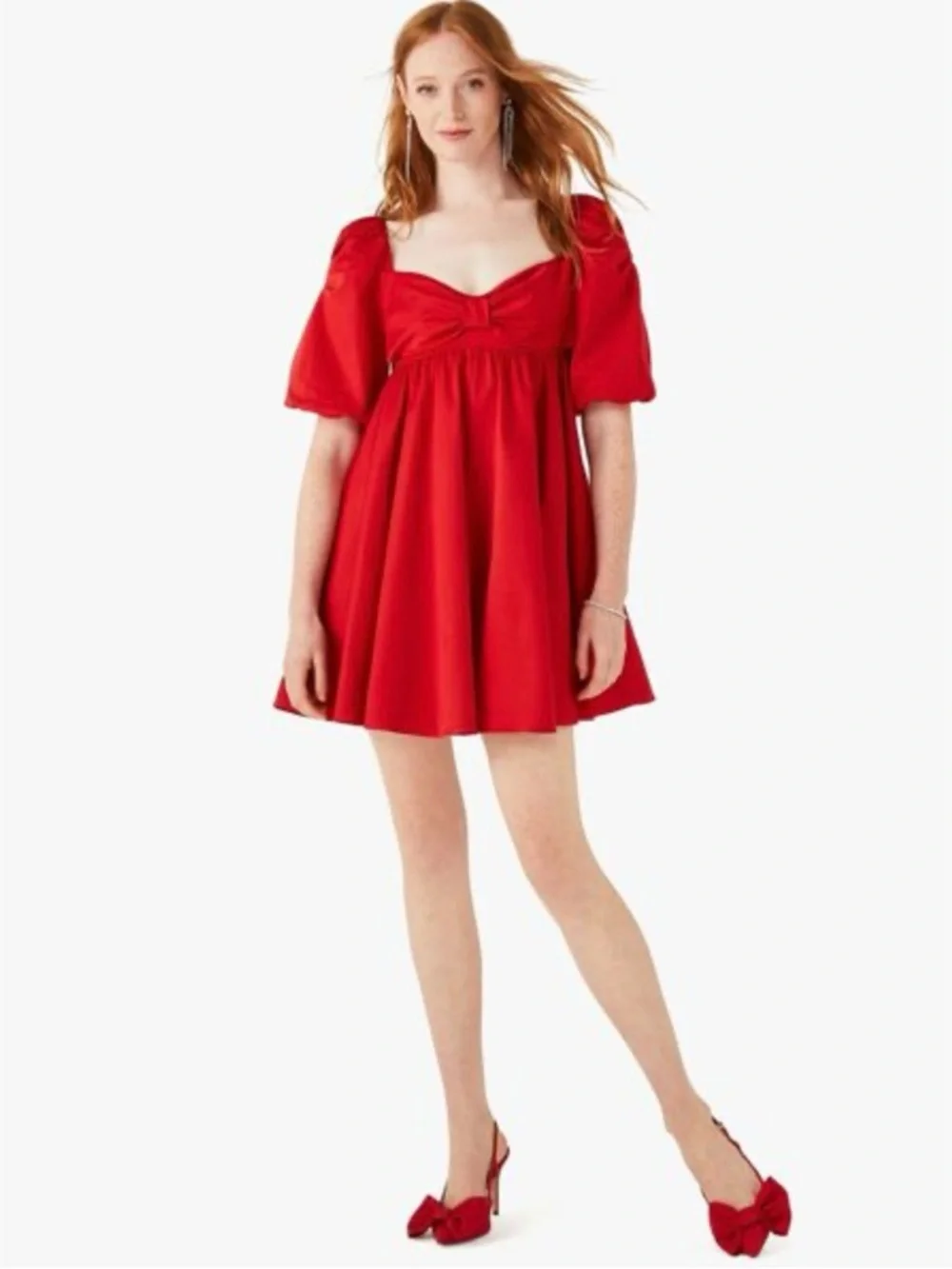 kate spade Beau Red Puff-Sleeve Bow Satin Babydoll Dress..Size 12